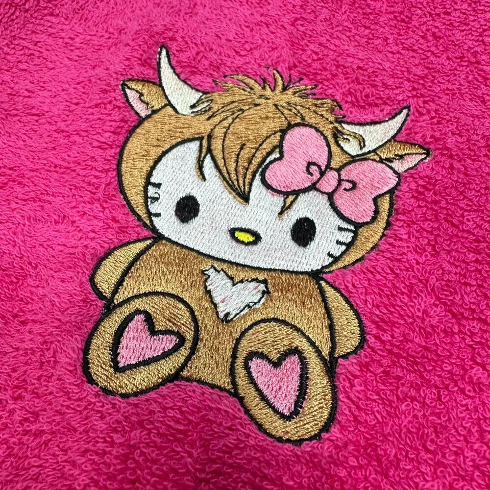 Hello Kitty Highland Cow Towels Embroidered Hand Towel Set Pink Beige Bathroom